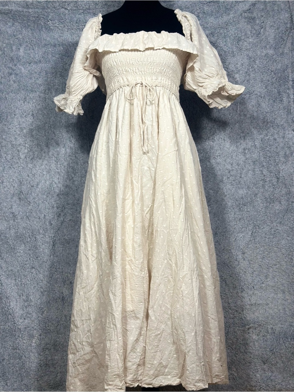 Cream Swiss Dot Off-Shoulder Maxi Dress – Smocked Bodice